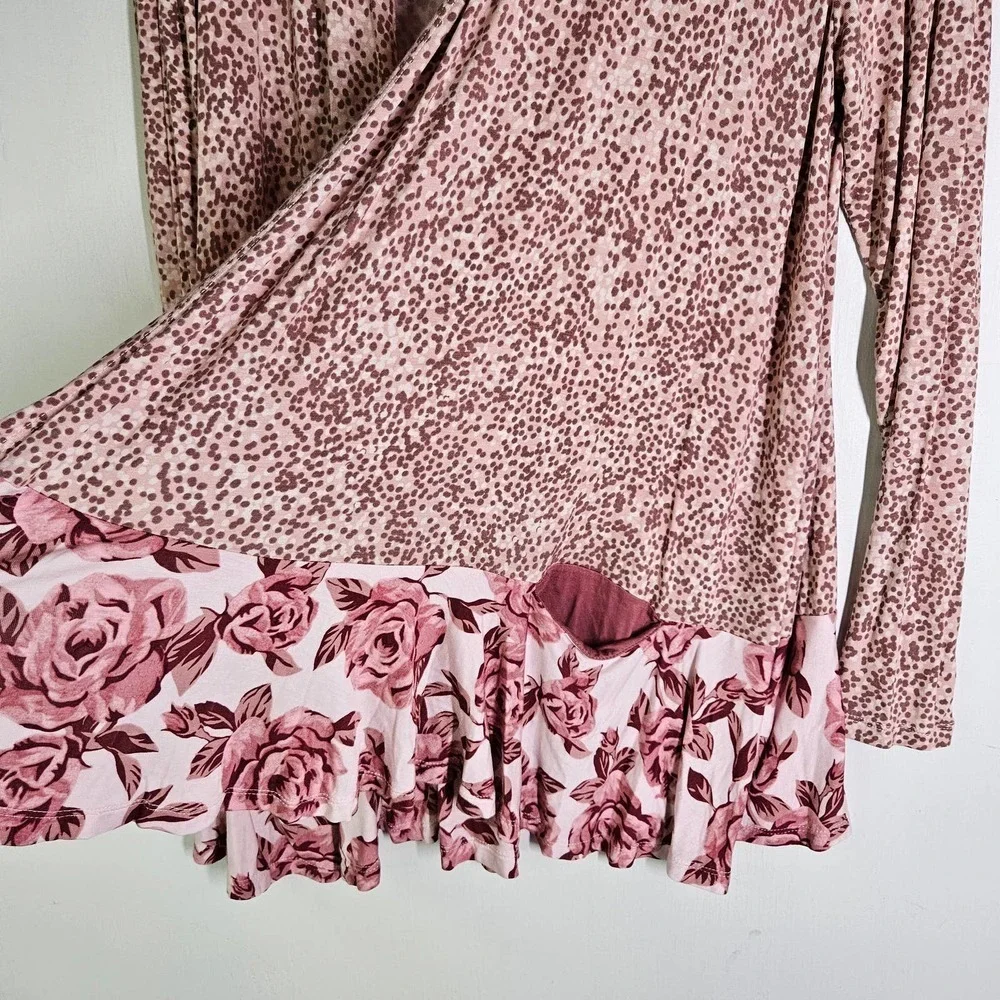 Logo Lori Goldstein Jersey Open Front Cardi Top Ruffles M‎ Rose Pink Floral